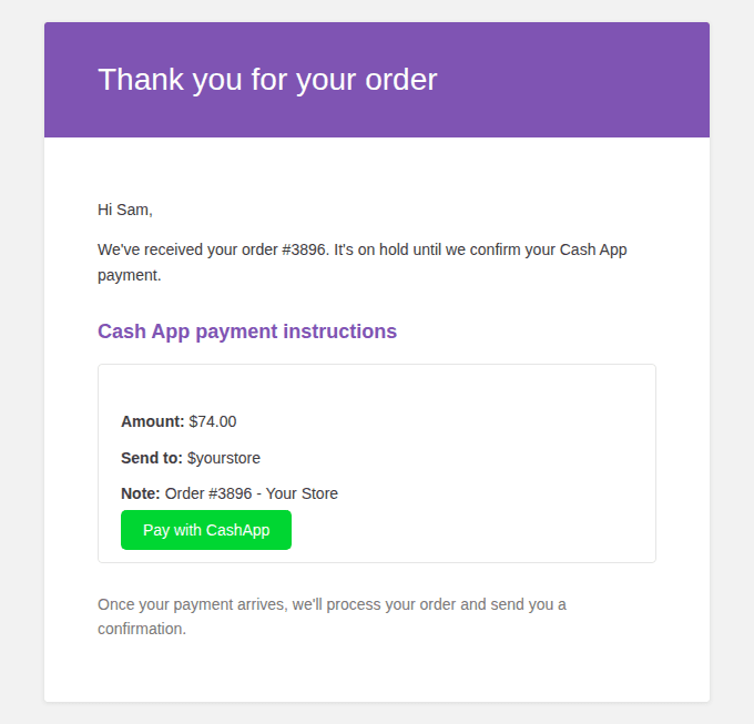Cash App payment instructions in the WooCommerce order email