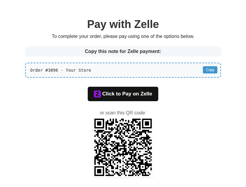 Zelle thank-you page with pay button and QR code