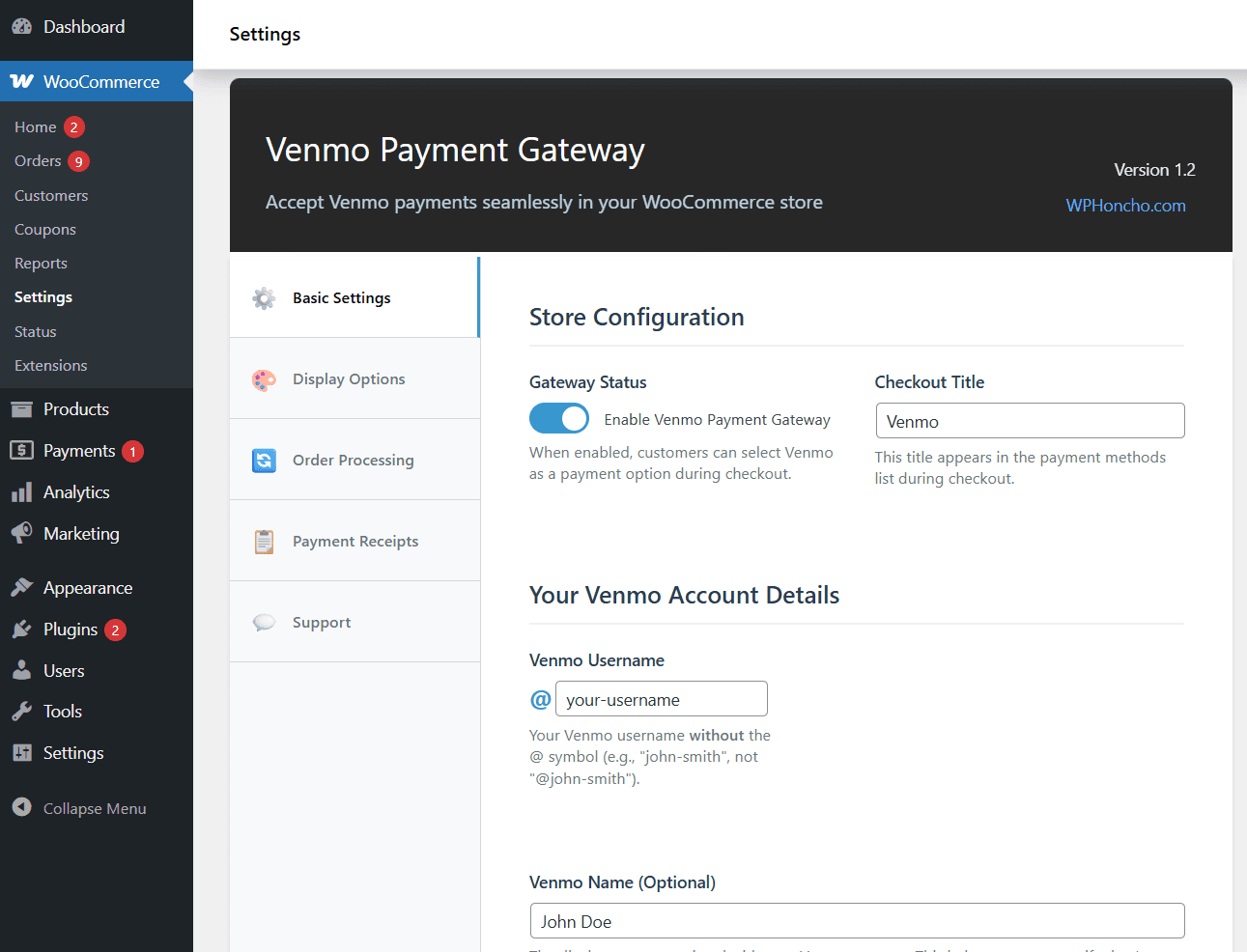 Venmo gateway basic settings screen