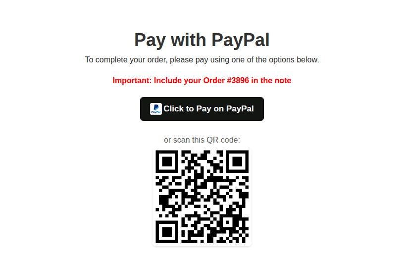 PayPal thank-you page with pay button and QR code
