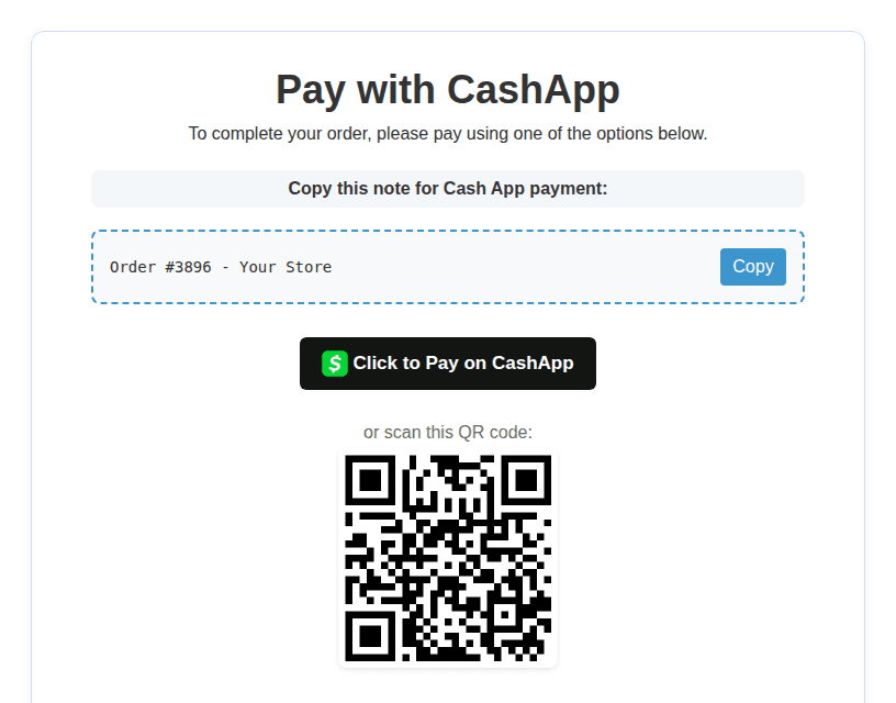 Cash App thank-you page with pay button and QR code