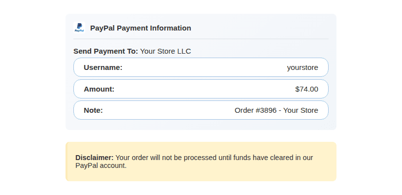 PayPal payment information on the thank-you page