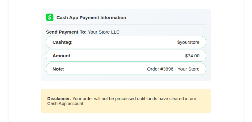Cash App payment information on the thank-you page