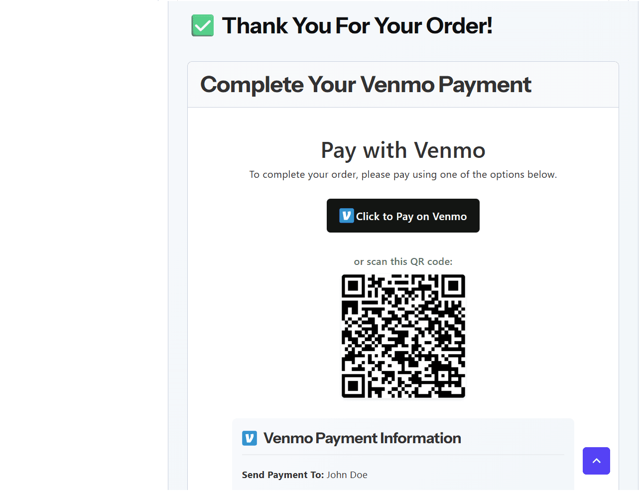 Thank-you page with a Click to Pay on Venmo button and QR code